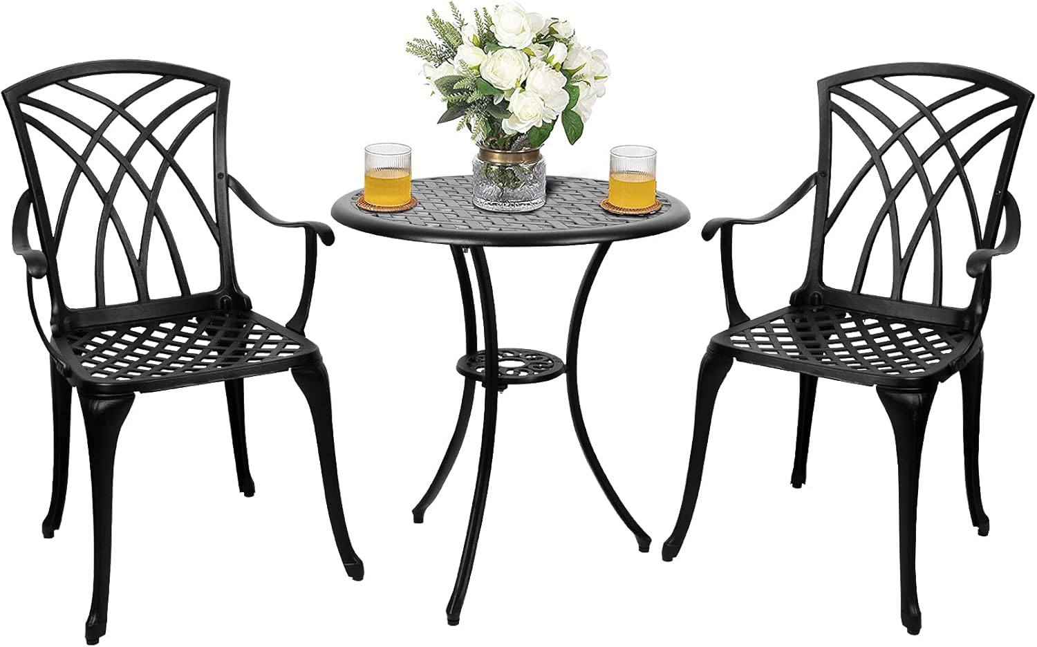 Polar Aurora 3 Piece Patio Bistro Set Cast Aluminum Bistro Table Set Outdoor Round Dining Table with Umbrella Hole for Porch, Lawn, Garden, Backyard