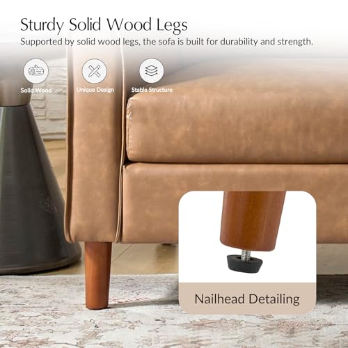 HULALA HOME 78" Faux Leather Sofa with Solid Wood Legs, Mid-Century Modern PVC Leather Couch, Comfy Upholstered 3-Seater Sofa for Living Room Bedroom