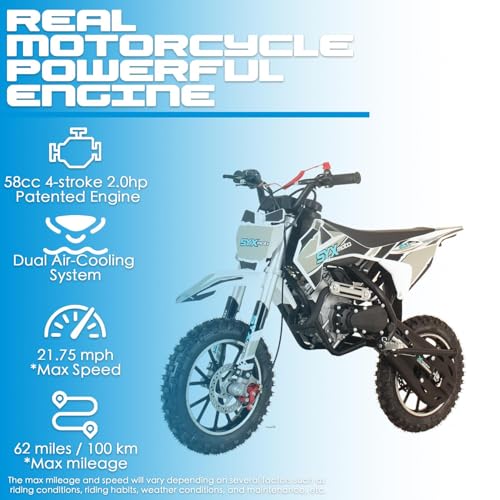 SYX MOTO VK Kids 58cc Dirt Bike, 8-14 4-Stroke Gas Powered Off-Road Mini Bike, Pit Bike Automatic Transmission Pull Start Mini Bike, Up to 22 Mph