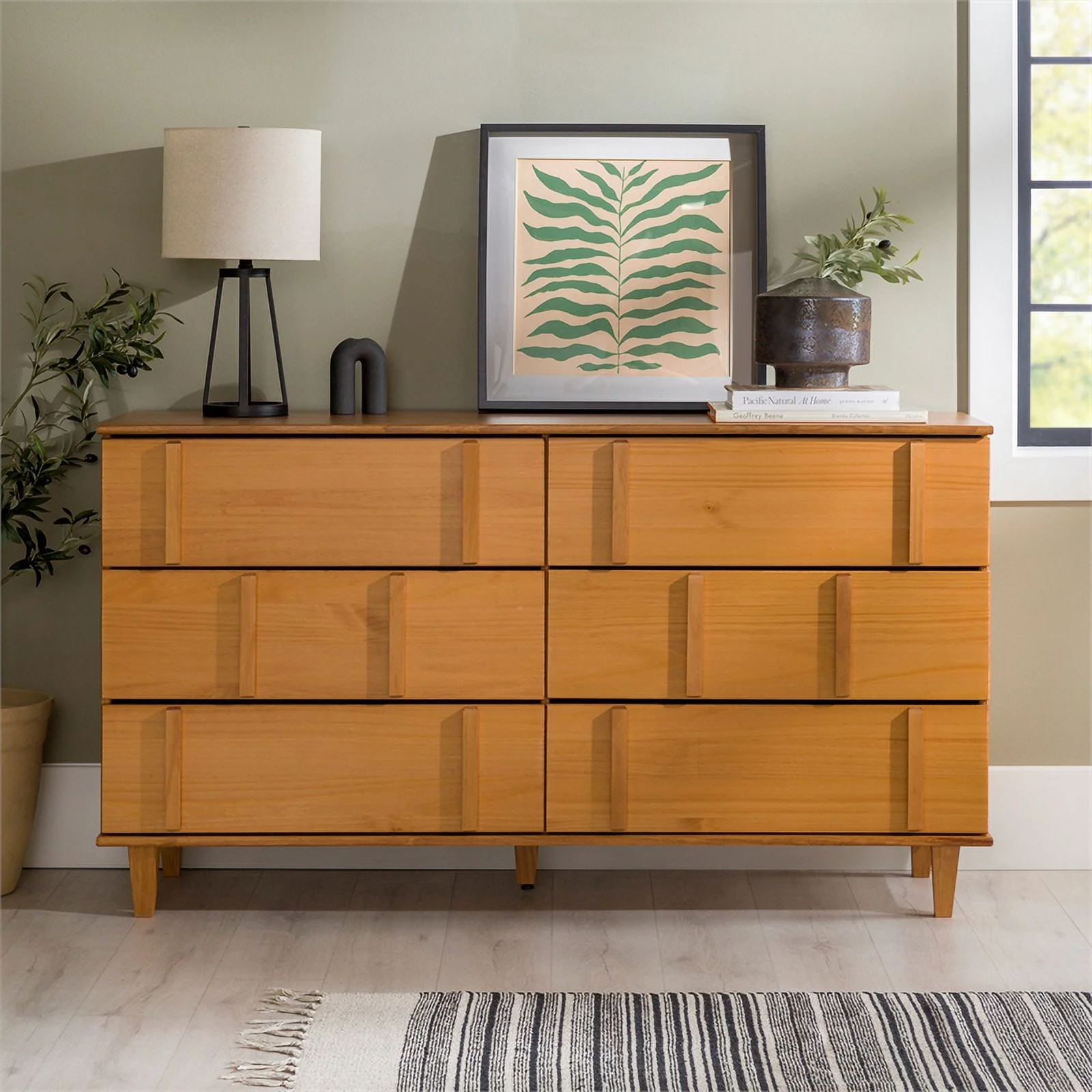 Walker Edison Modern Detailed 6-Drawer Solid Wood Dresser 60 Inch Caramel