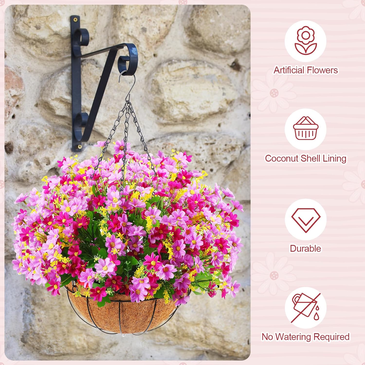 4 Pack Artificial Hanging Flowers in Basket Artificial Daisy Arrangement with 12 Inch Coconut Lining Realistic Artificial Hanging Plants for Outdoor