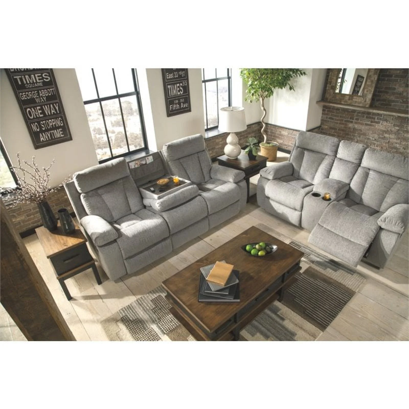 Bowery Hill Contemporary Reclining Loveseat with Console in Fog
