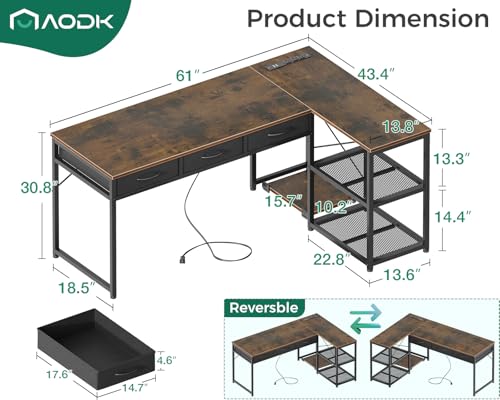 AODK 53 Inch L Shaped Computer Desk with Drawers, Corner Desk with Power Outlets & Reversible Storage Shelves