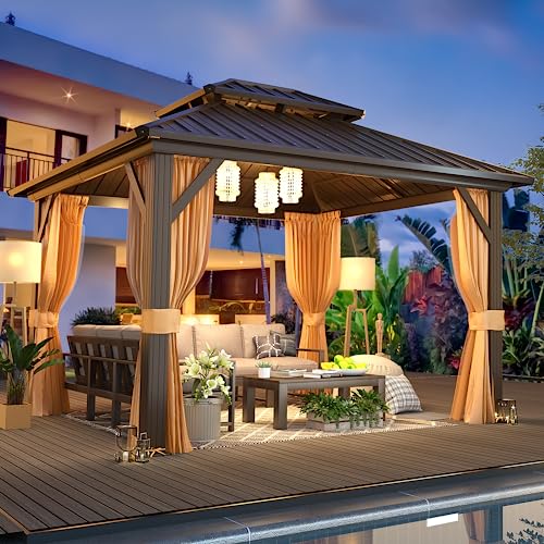 MELLCOM 10'x13' Hardtop Gazebo with Polycarbonate Double Roof, Aluminum Frame Outdoor Gazebo Permanent Pavilion with Curtains and Netting for Patio