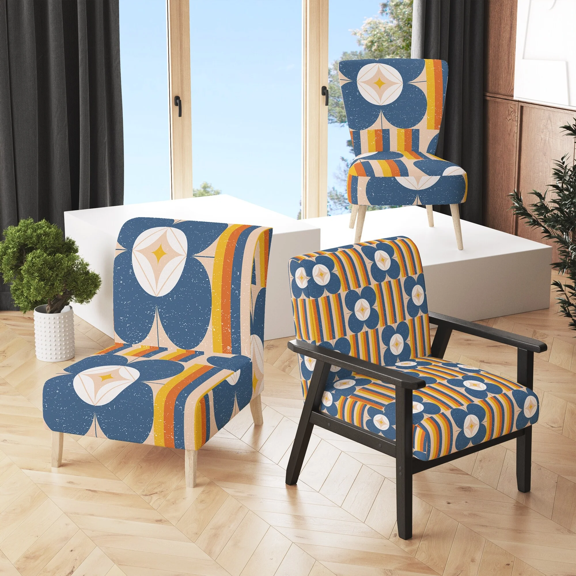 Designart "Retro Floral Pattern XI" Upholstered Mid-Century Accent Chair - Arm Chair