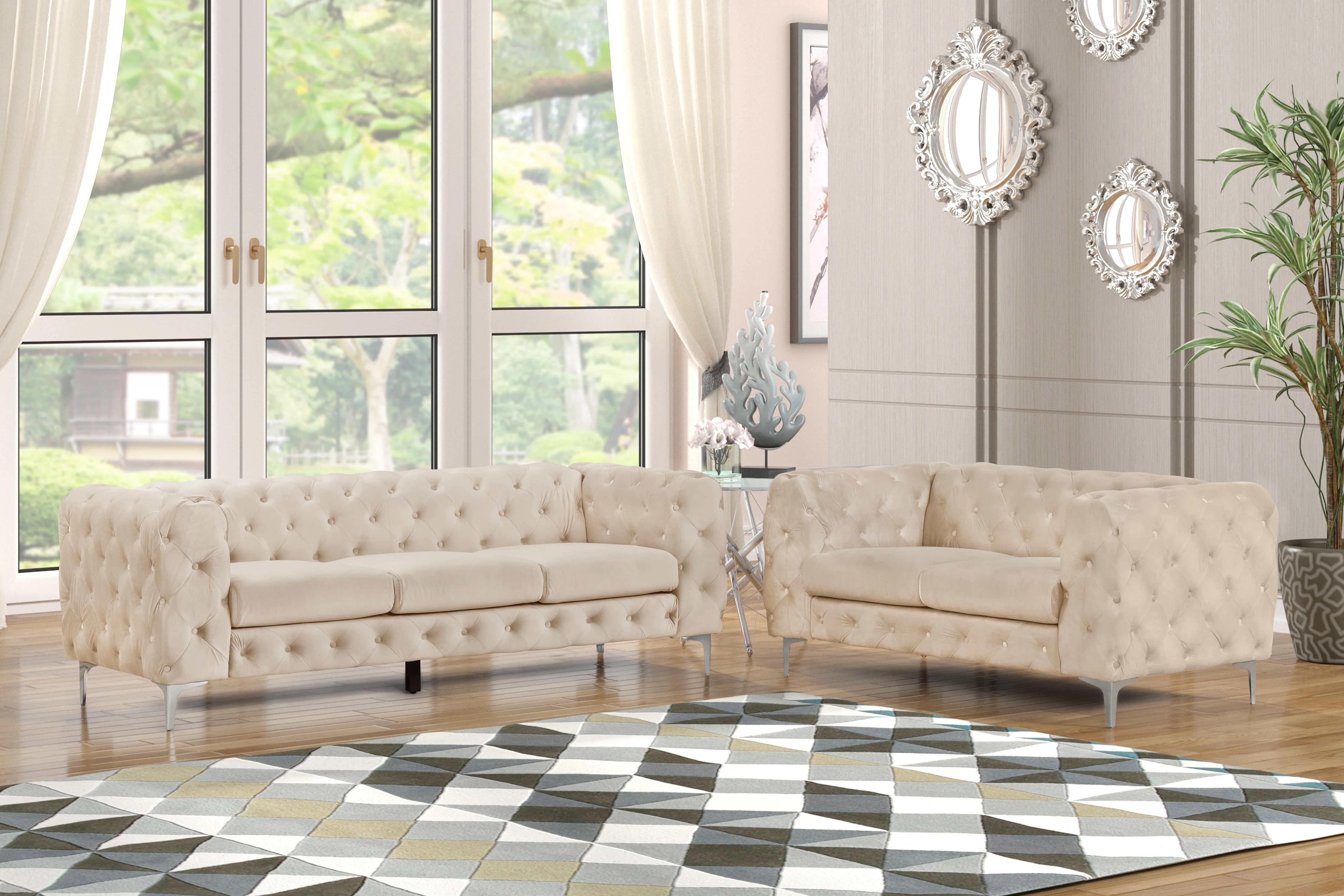 Denver 2 Piece Button Tufted Beige Velvet Fabric Living room Set - Sofa and Loveseat
