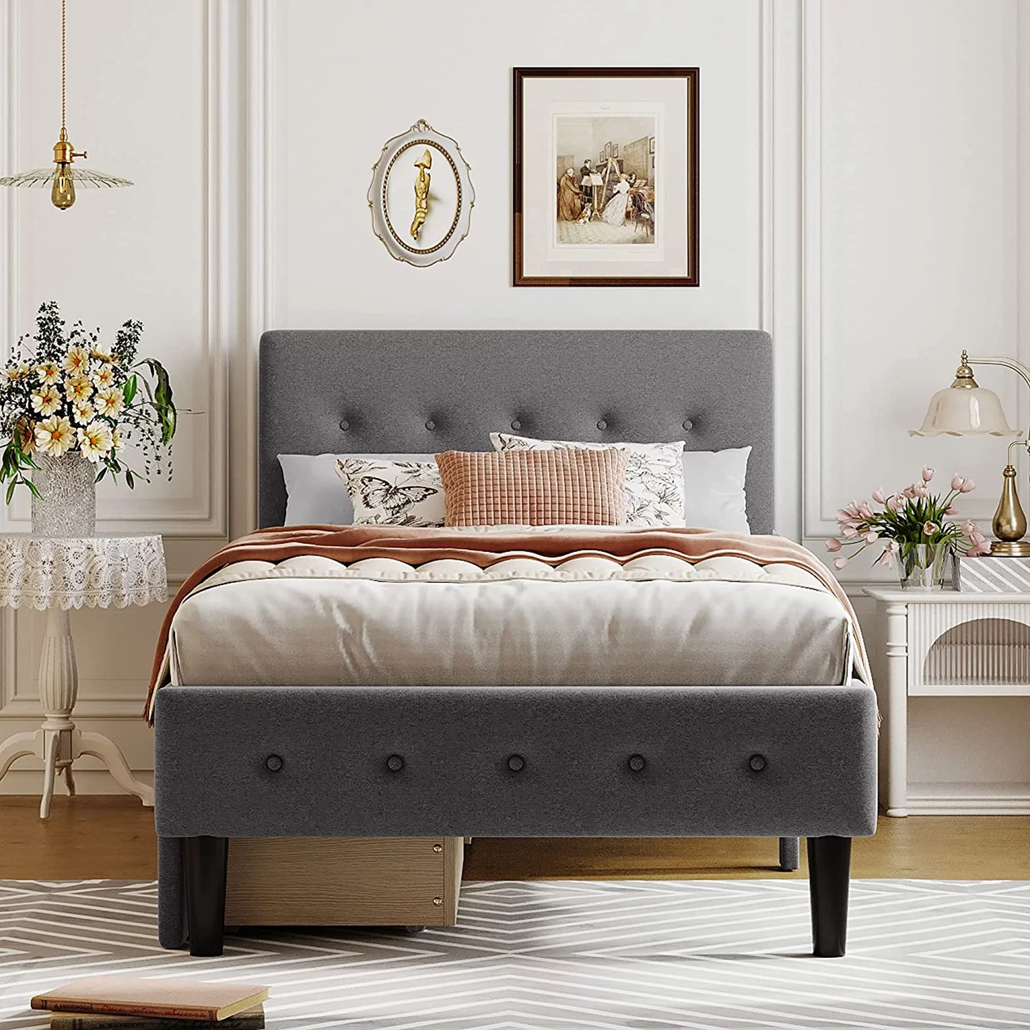 Tabaray Twin Bed Frames, Bed Frame Twin Storage Bed Upholstered Twin Size Bed Frames with Headboard and Storage Underneath, Wooden Slats Support