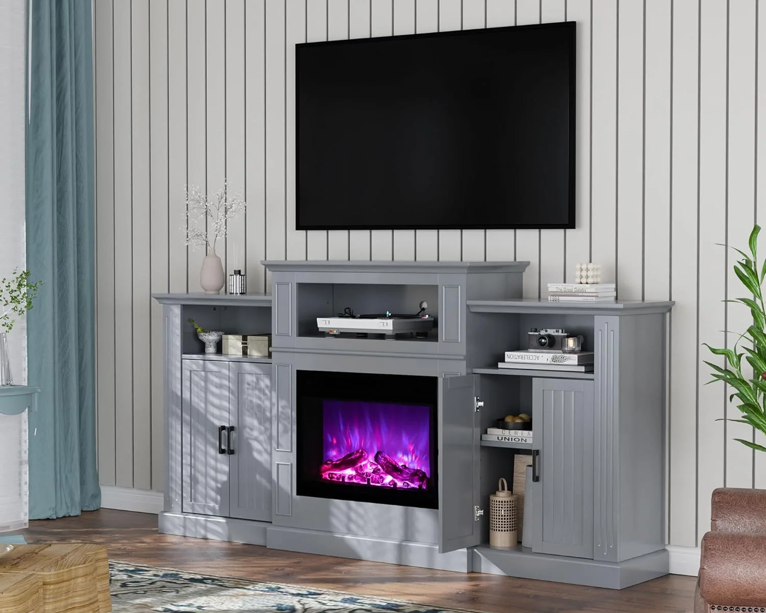VINGLI Electric Fireplace with Mantel, 79 inches Fireplace TV Stand Media Console Entertainment Center, Gray