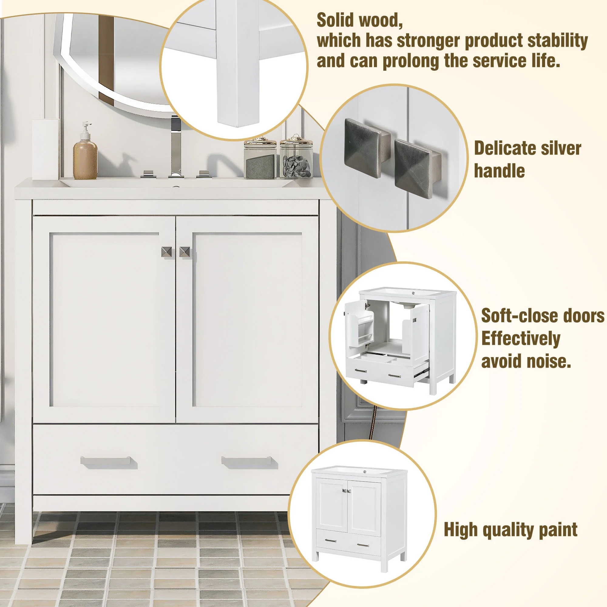 EUROCO 30" Bathroom Vanity with Sink, Bathroom Vanity Cabinet with 2 Doors and a Drawer, Soft Closing, Multifunctional Storage, Solid Wood Frame,White