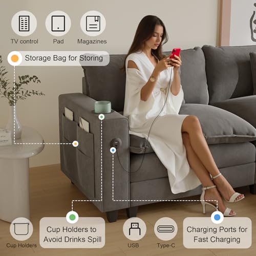 Modular Sectional Sofa, Cloud Couch with Ottoman, Charging Station, Throw Pillows, Cup Holders, Modern Convertible U Shaped Couches for Living Room