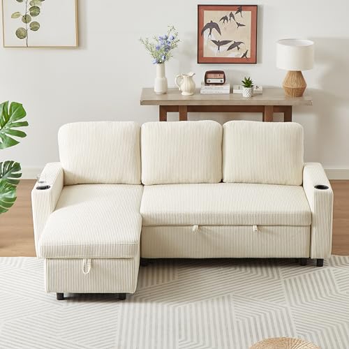 L-Shaped Pull Out Sleep Sofabed,Modern Reversible Sleeper Sectional Sofa Chenille Upholstered Button Tufted Decor with Storage Chaise