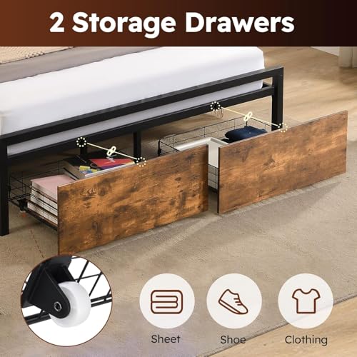 Full Size Bed Frame with Headboard, LED Platform Bed with 4 Storage Drawers, Built in Charging Station, Noise-Free, Metal Support Base
