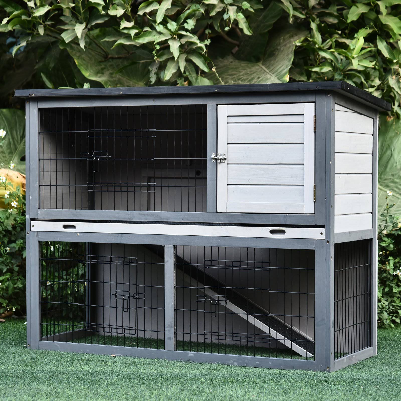 PawHut Outdoor Rabbit Hutch 54x22 Wooden Rabbit Bunny Cage Water Resistant Pet House 4 Door w/ Ramp