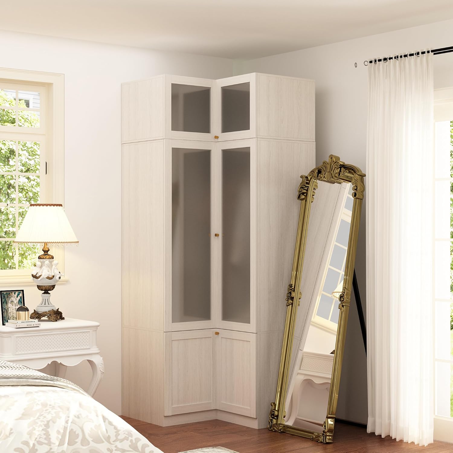 Homsee L-Shape Armoire Wardrobe Closet with Frosted Glass Doors, Hanging Bar & Shelves, Wooden Closet Storage Cabinet with Top Cabinet for Bedroom