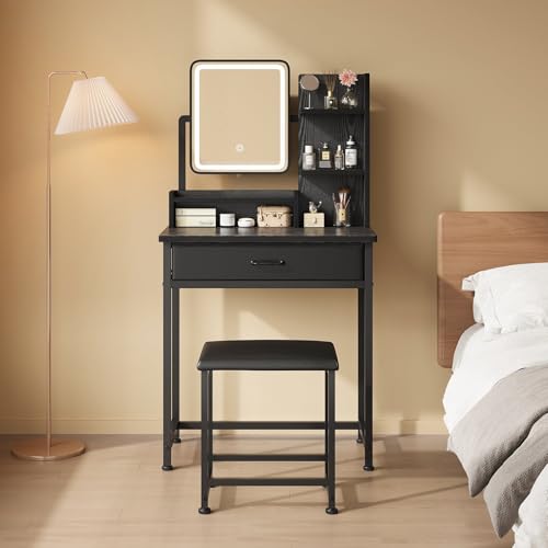 Makeup Vanity Desk with Mirror and Lights, Small Vanity with Fabric Storage Drawer & Chair & Shelves, White Compact Makeup Vanity Set for Bedroom