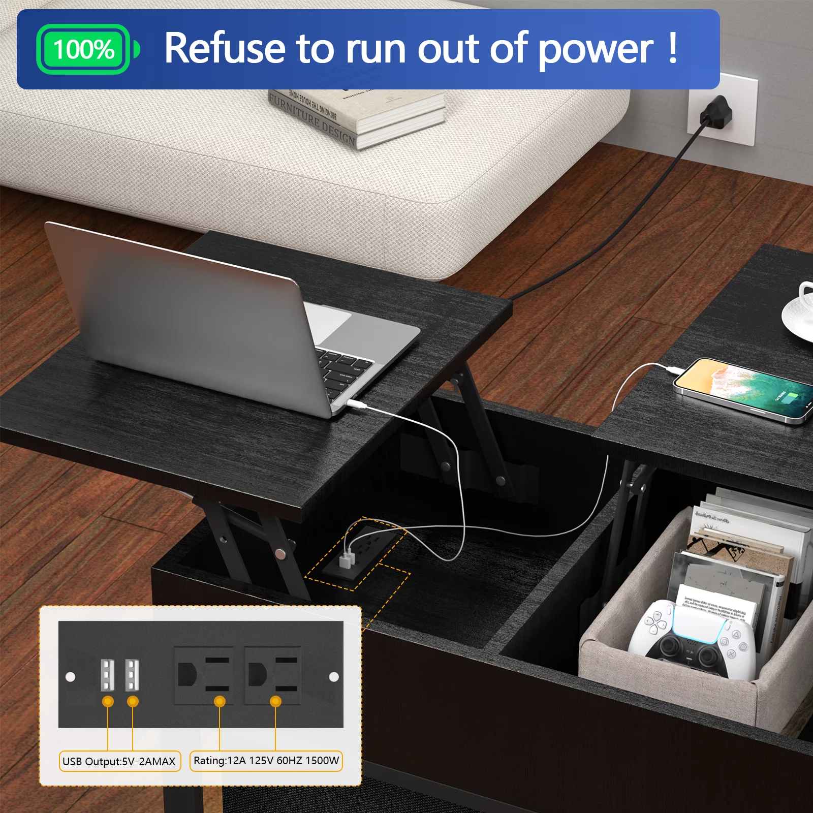 Hasipu Lift Top Coffee Table with Storage for Living Room LED Furniture ,39.4" Modern Square Center Tables with USB Charging Port, Black