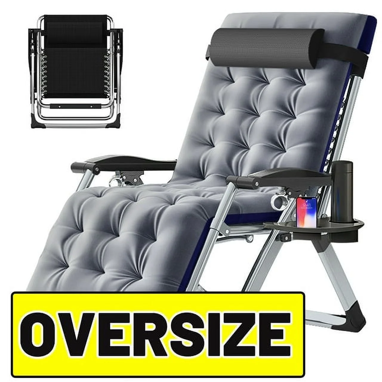 ABORON Oversized XXL Zero Gravity Chairs Set of 2, Folding Recliner Lounge Chair, Portable Chaise with Detachable Soft Cushion, Cup Holder, Headrest