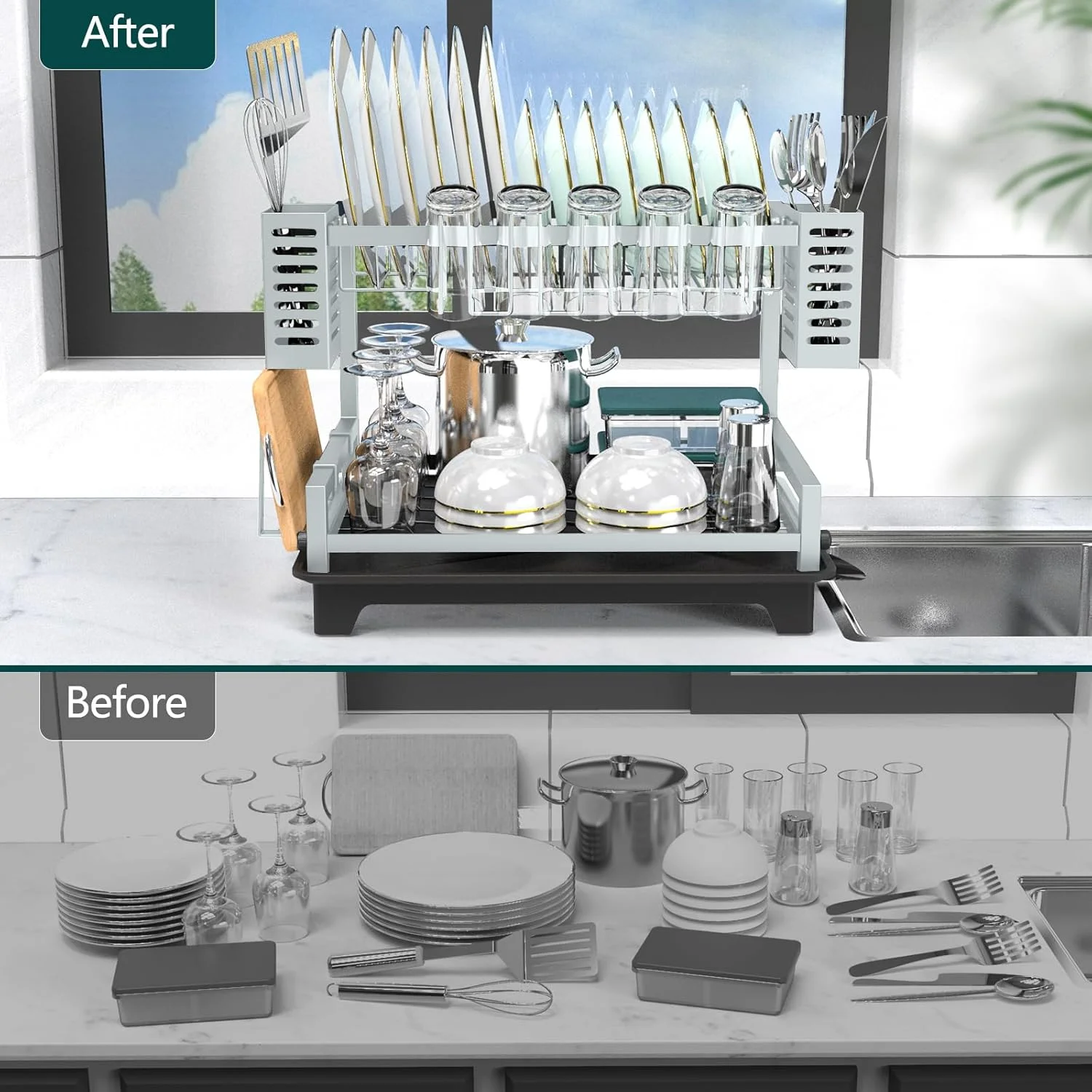 Dish Drying Rack: 2 Tier Dish Racks for Kitchen Counter and Sink - Large Dish Drying Rack with Drainboard &amp; Utensil Holders