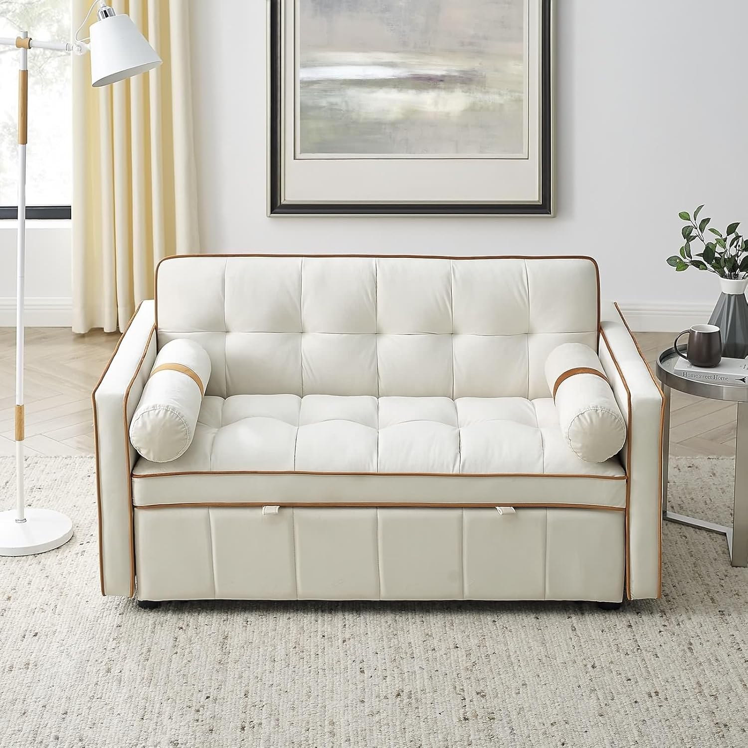 Modern 55.5" Pull Out Sleep Sofa Bed 2 Seater Loveseats Sofa Couch with Side Pockets