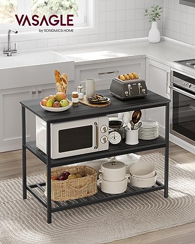 VASAGLE Kitchen Island with 3 Shelves, 47.2 Inches Width Kitchen Shelf with Large Worktop, Stable Steel Structure, Industrial, Easy to Assemble