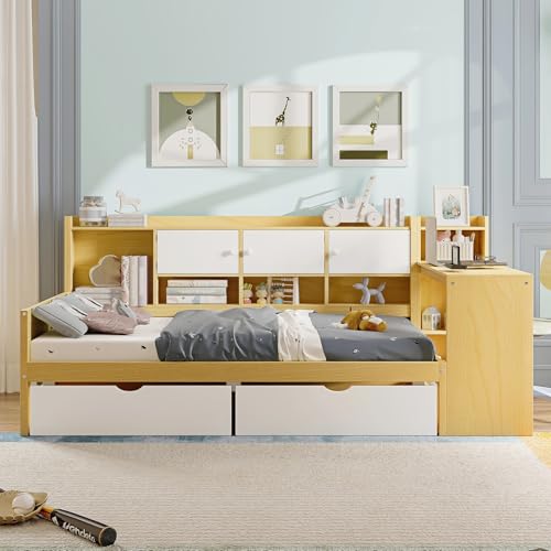 Corner Twin Bed Frame with Bookcase Storage and Desk, Wood Day Beds with 2 Drawers, Twin Size Daybed with Storage for Living Room