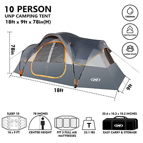 UNP Camping Tent 10-Person-Family Tents, Parties, Music Festival Tent, Big, Easy Up, 5 Large Mesh Windows, Double Layer, 2 Room, Waterproof