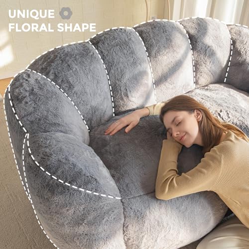 MAXYOYO Bean Bag Chair for Adults, Floral Shaped Bean Bag Sofa, Ultra Soft Faux Fur Floor Sofa, Large Reading Chair for Living Room Bedroom, Beige
