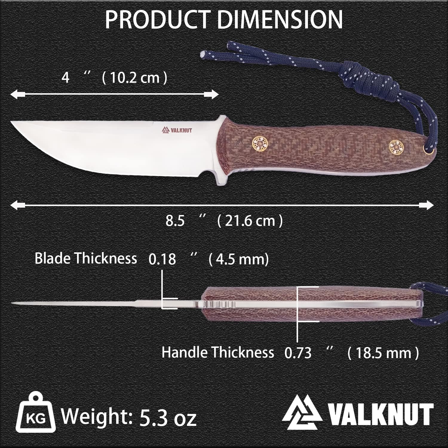 Fixed Blade Knife, VALKNUT D2 Steel Blade Full Tang Knives for Hunting Survival Bushcraft, 4''