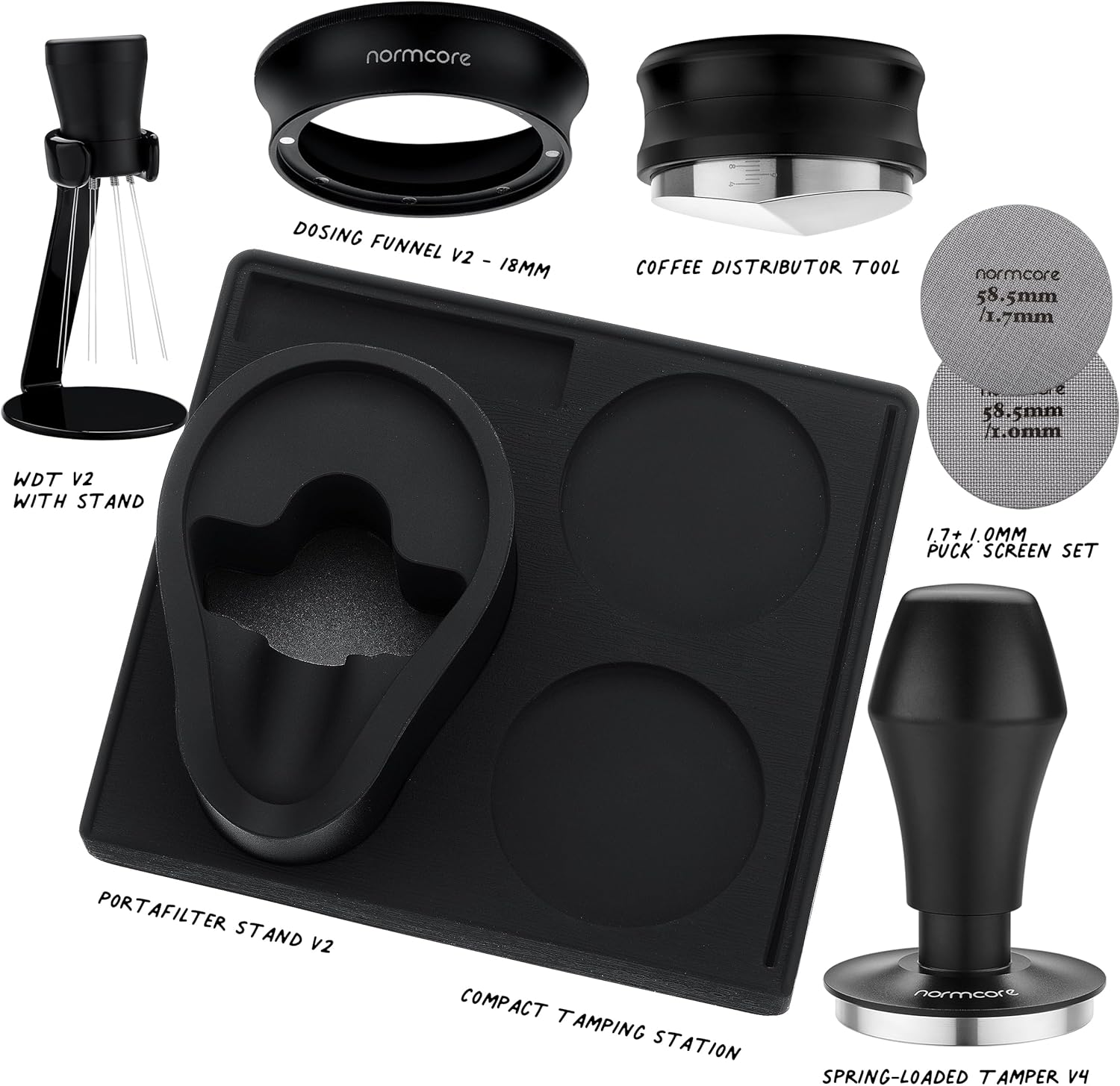 Normcore 58.5mm 7-in-1 Barista Kit: Coffee Tamper, Distributor Tool, WDT with Stand, Dosing funnel, Puck Screen Set, Compact Tamping Mat