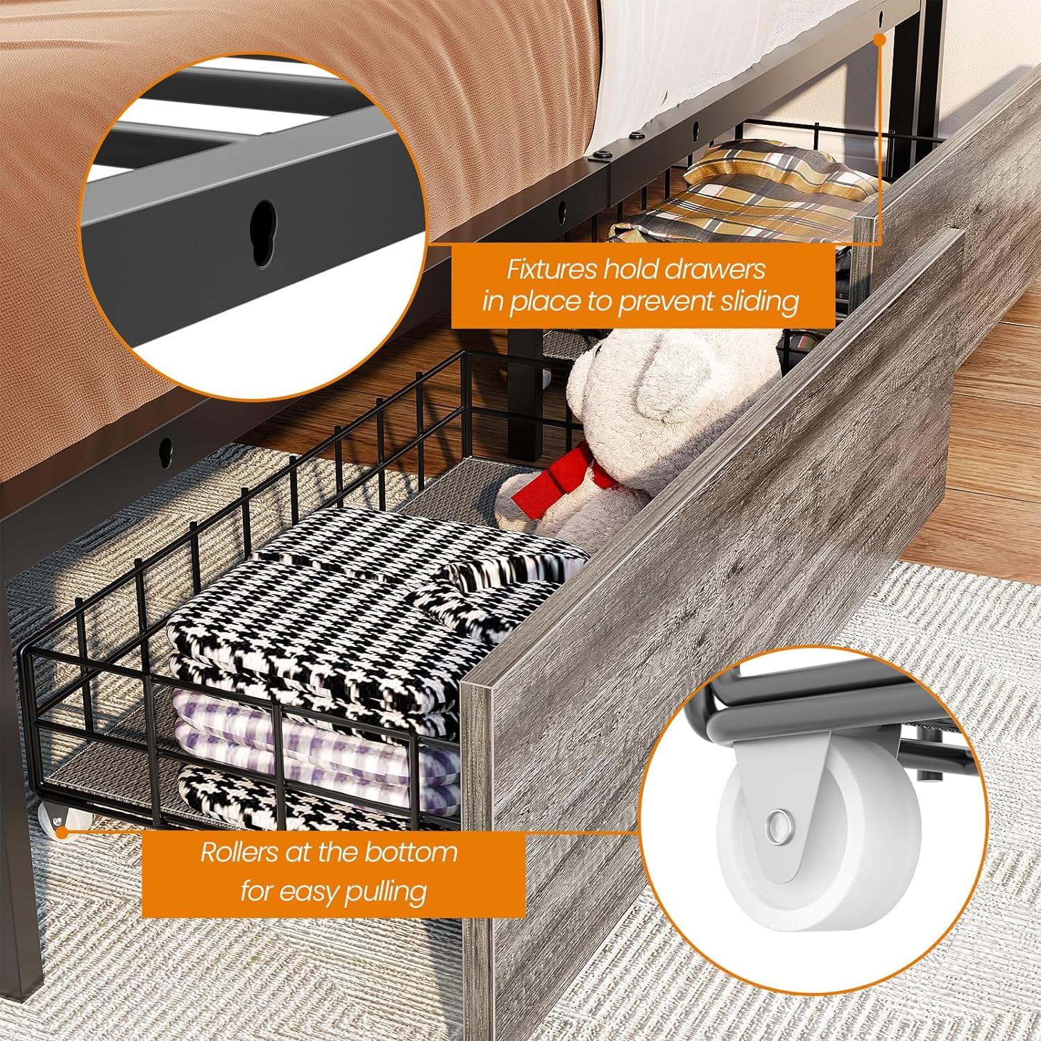 Homieasy Queen Size Bed Frame with LED Lights and 4 Storage Drawers, Industrial Platform Bed with Headboard and Charging Station, Steel Slat Support