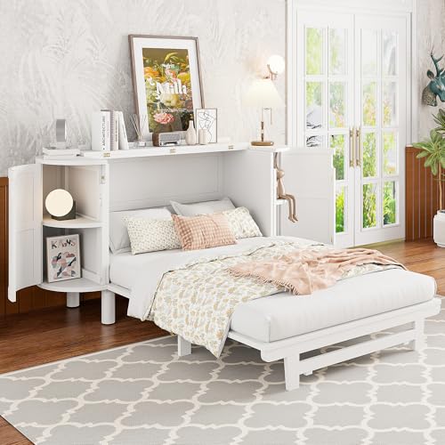 Queen Size Farmhouse Murphy Bed Cabinet with Charging Station, Foldable Platform Bed Frame with 2 Storage Drawers