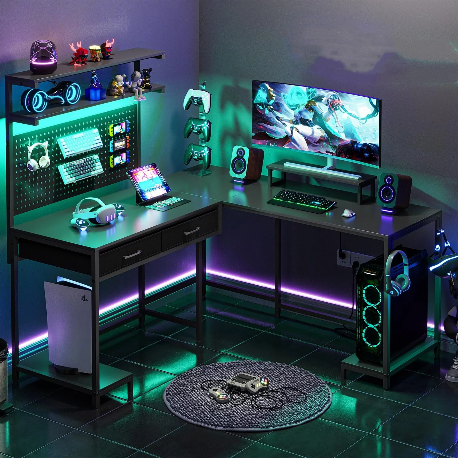 L Shaped Gaming Desk with LED Lights and Hutch,89.7" Home Office Computer Desk with 2 Drawers&Monitor Stand&Pegboard&Storage Shelves,Black