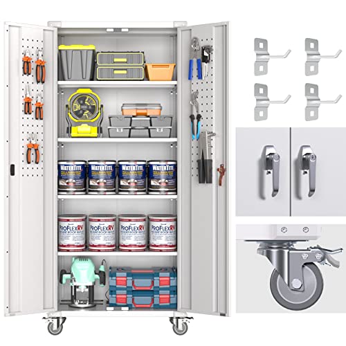 Garage Storage Cabinet with Wheels & Pegboard, 72" H Locking Metal Storage Cabinet with Doors and 4 Adjustable Shelves for Garage Workshop Home