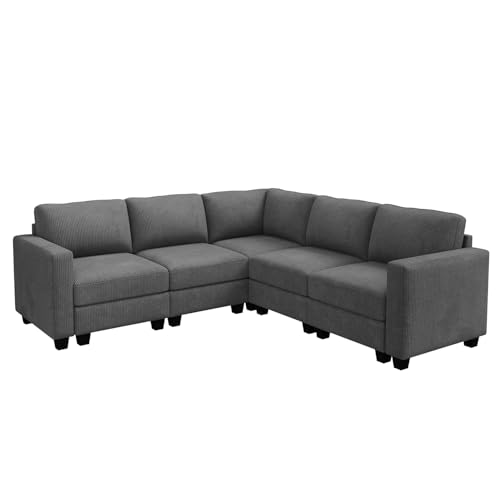 HONBAY Corduroy Modular Sectional Couch with Storage L-Shaped Sectional Couches for Living Room 6 Seater Modular Sofa, Dark Gray