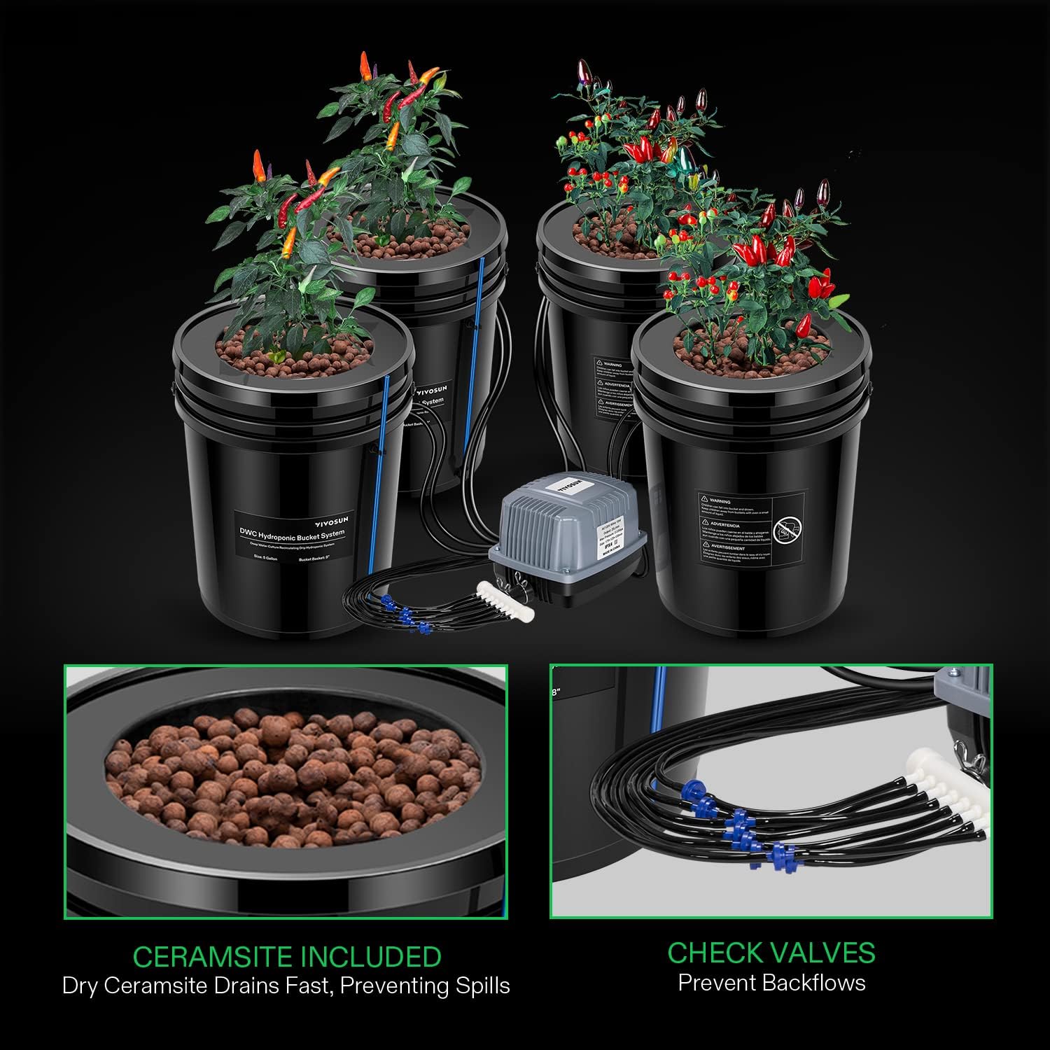 VIVOSUN DWC Hydroponics Grow System, 5-Gallon Deep Water Culture, and Hydroponics Growing System 108 Plant Sites