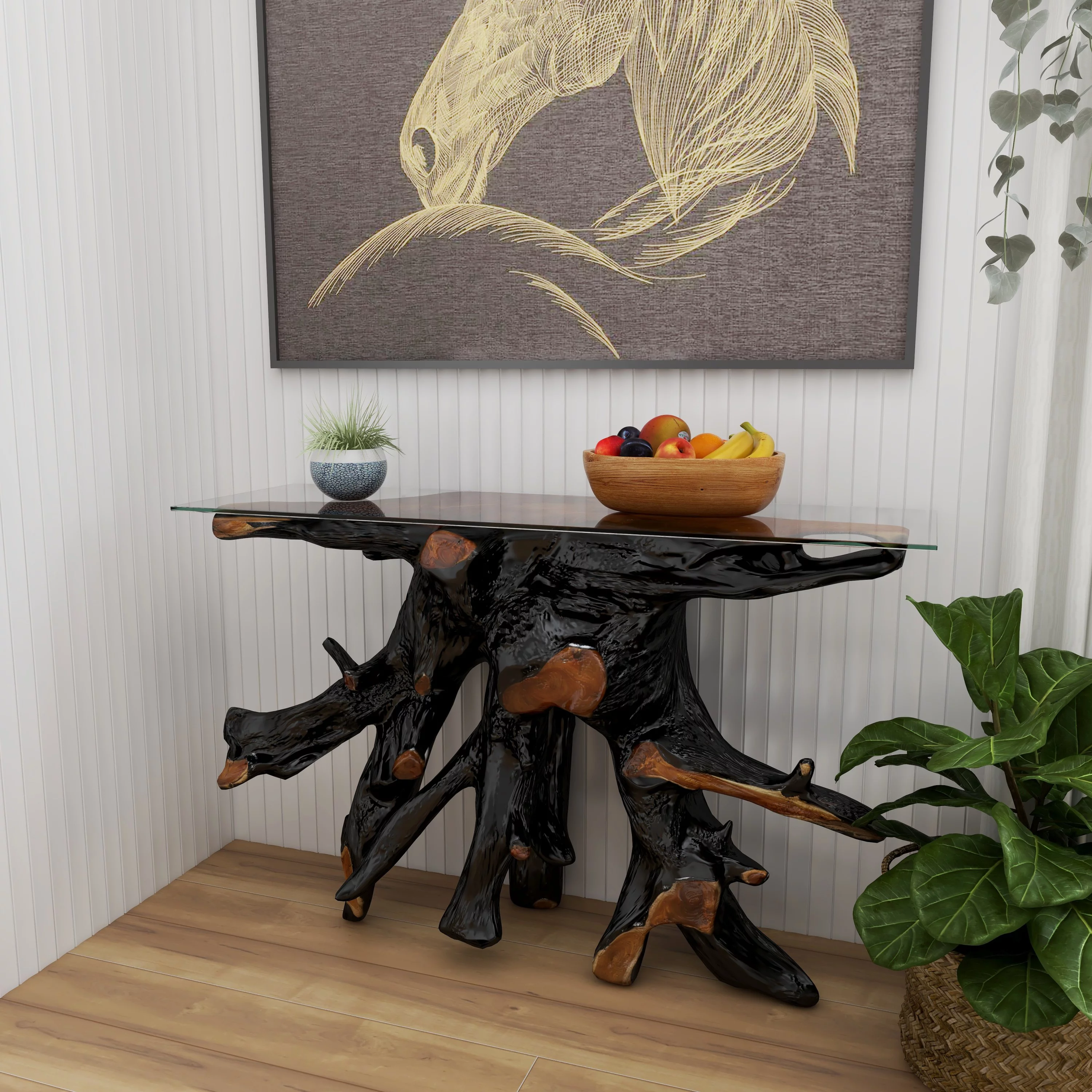 DecMode 49" x 32" Black Teak Wood Live Edge Tree Stump Console Table with Clear Glass Top, 1-Piece