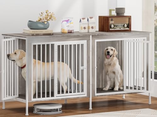 78 Inch Dog Crate Furniture for 2 Dogs,Extra Large Double Dog Kennel Furniture with Removable Divider, XXL Thick Wooden Dog Cage TV Stand