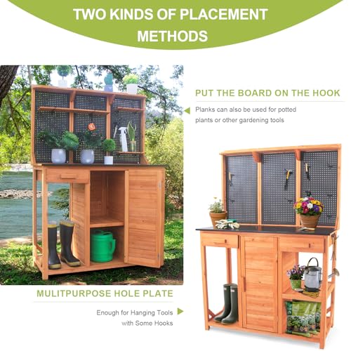 Outdoor Garden Potting Bench, Horticultural Wooden Workstation Table with Storage Drawer, Cabinet, Metal Pegboard
