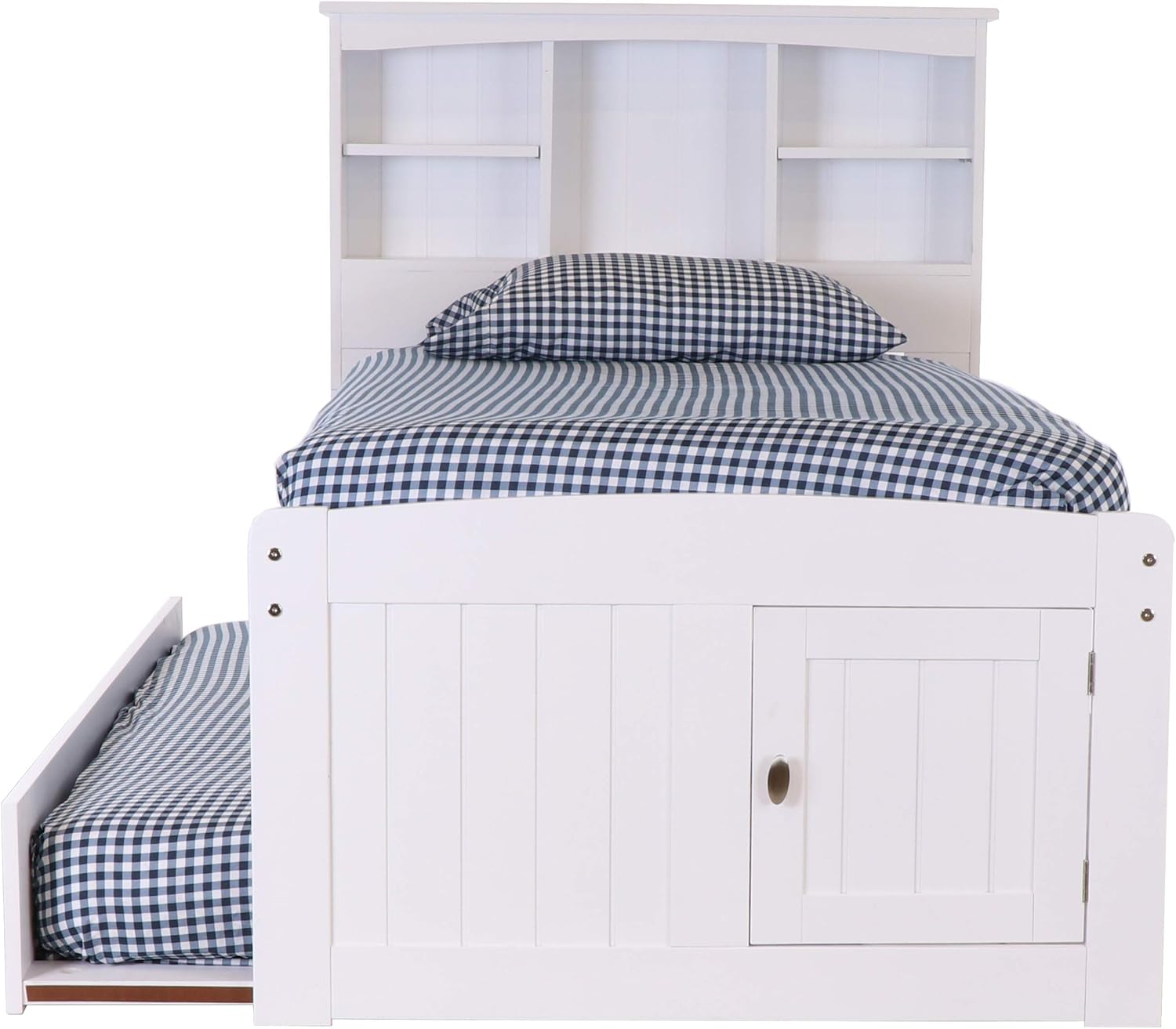 White Twin Bookcase Bed with 3 Drawers and Trundle