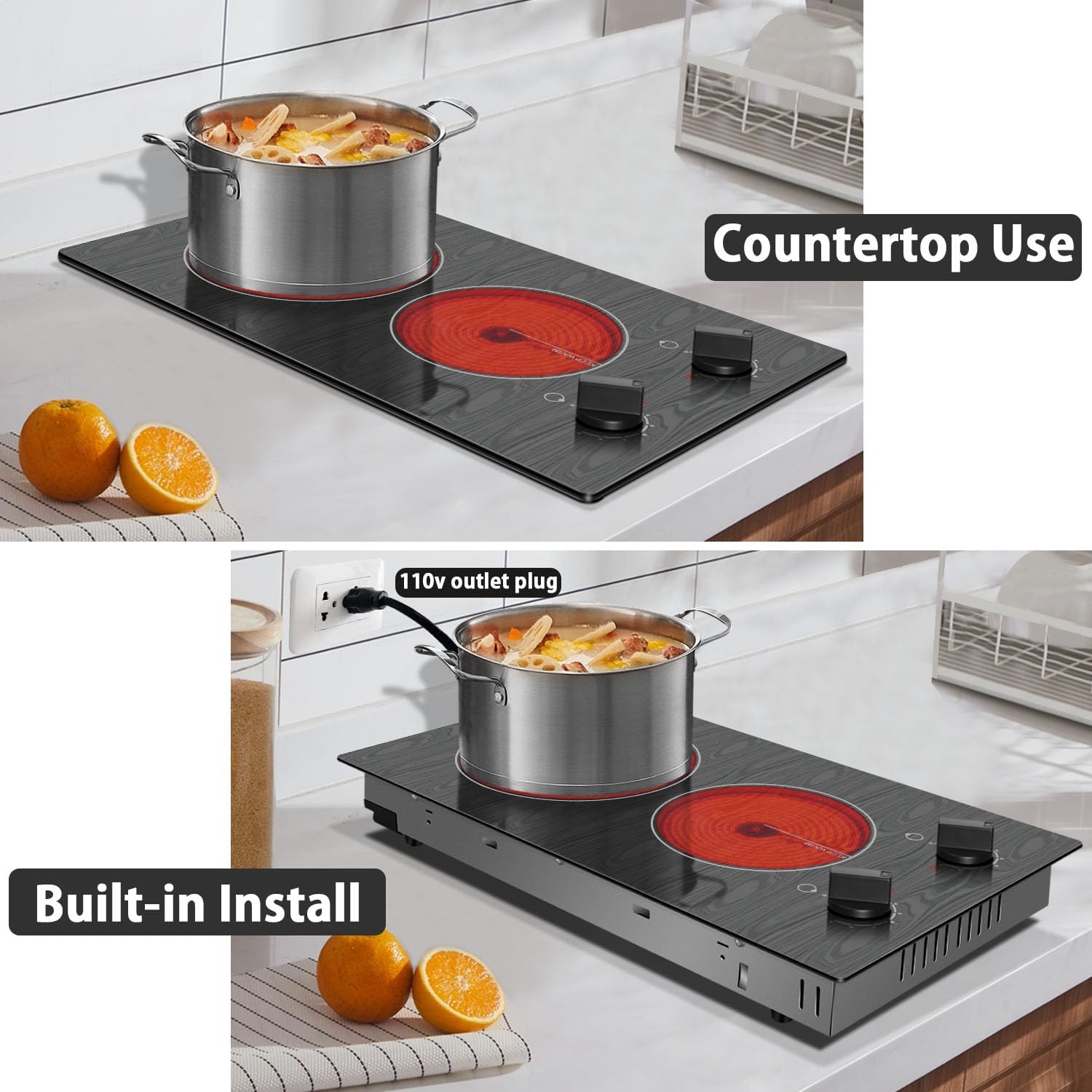 Karinear Electric Cooktop 2 Burners, 110v Portable Electric Stove Top with Knob, Glass Cooktop, Beautiful Woodgrain Pattern