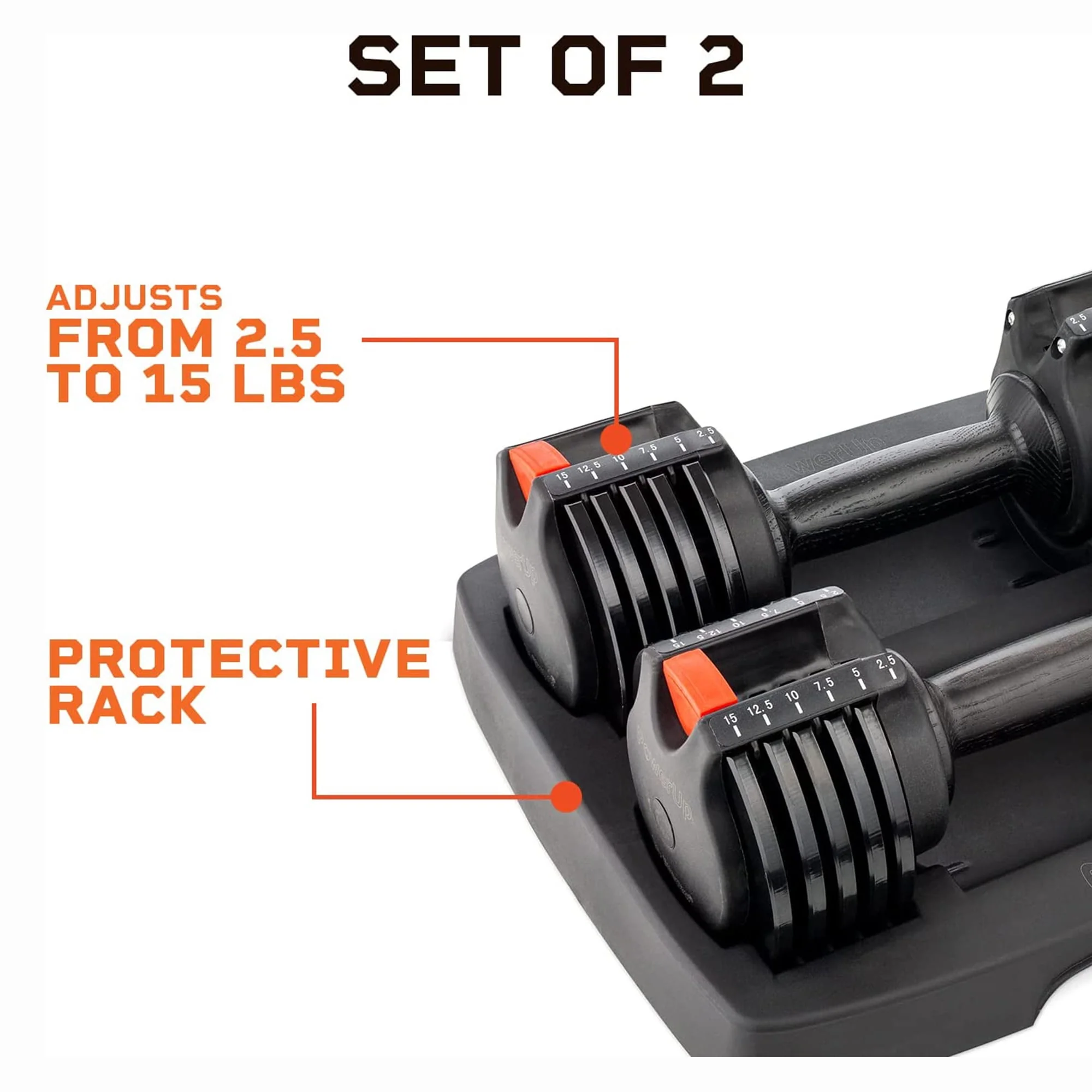 Lifepro PowerUp 15 Pound Dumbbells Adjustable Weights Set for Home Gym, 2 Pcs