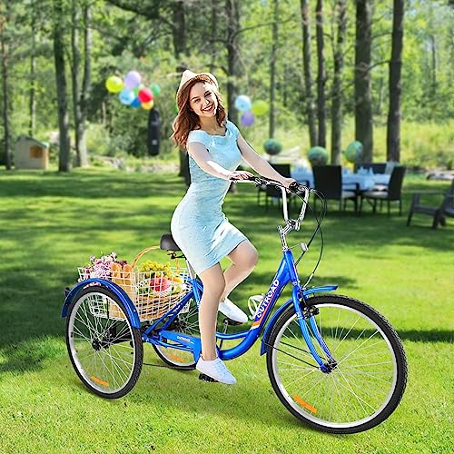 7-Speed Adult Tricycle with Large Basket 24/26 Inch, Stable 3-Wheel Cruise Bicycle for Shopping, Beach and City Trike Perfect for Men, Women