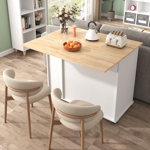 55.7'' Large Kitchen Island with 2 Drop Leaf, Rolling Kitchen Cart on 5 Wheels with Power Outlet