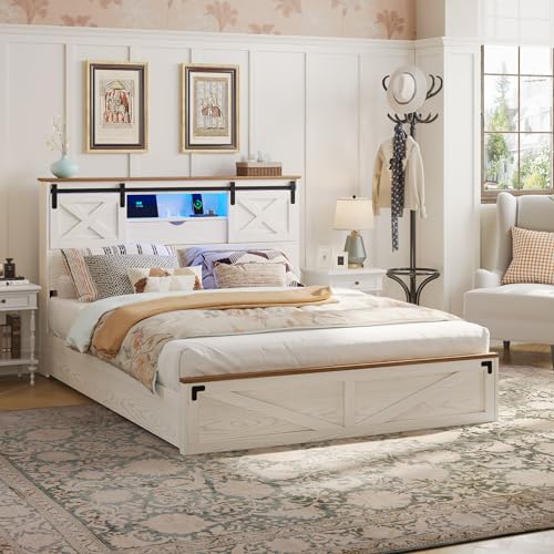 Hasuit Farmhouse Bed Frame California King Size with Storage Bookcase Headboard, Wooden Cal King Bed with LED Lights, Charging Station, 2 Drawers
