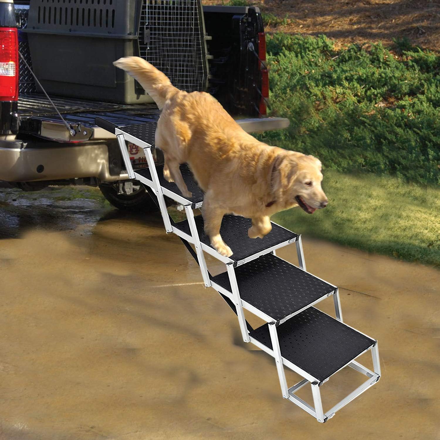 Portable Dog Stairs for Large Dogs, Foldable Aluminum Lightweight Pet Ramps,Accordion Pet Ladder Dog Car Steps with Non-slip Surface for High Beds