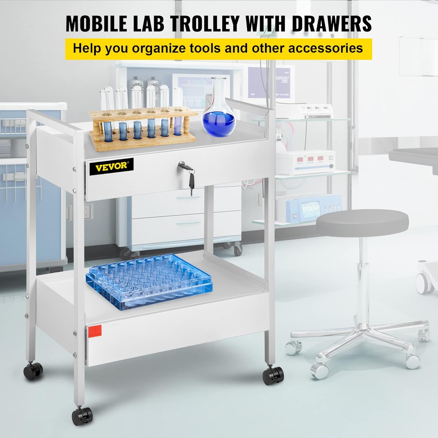 VEVOR Lab Cart, 2 Tiers Lab Trolley, Steel Lab Utility Cart, 360° Rolling Lab Cart, Locking Drawer Stainless Steel Lab Cart