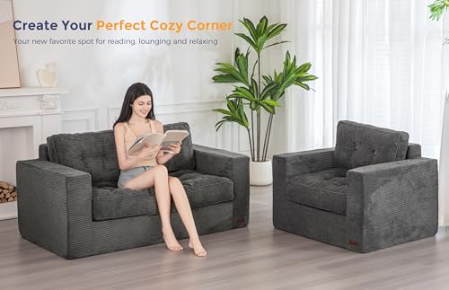 MAXYOYO 3 Seater Couch for Living Room, Boneless Couch with Tufted Cushion & Backrest, Upholstered Floor Sofa with Armrests, Sofa in A Box
