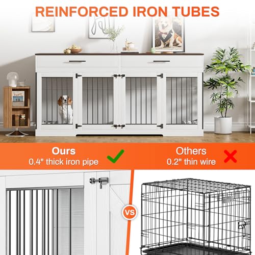 Rophefx 72" Dog Crate Furniture for 2 Dogs, Large Double Dog Kennel Indoor Furniture with 2 Storage Drawers and Removable Divider
