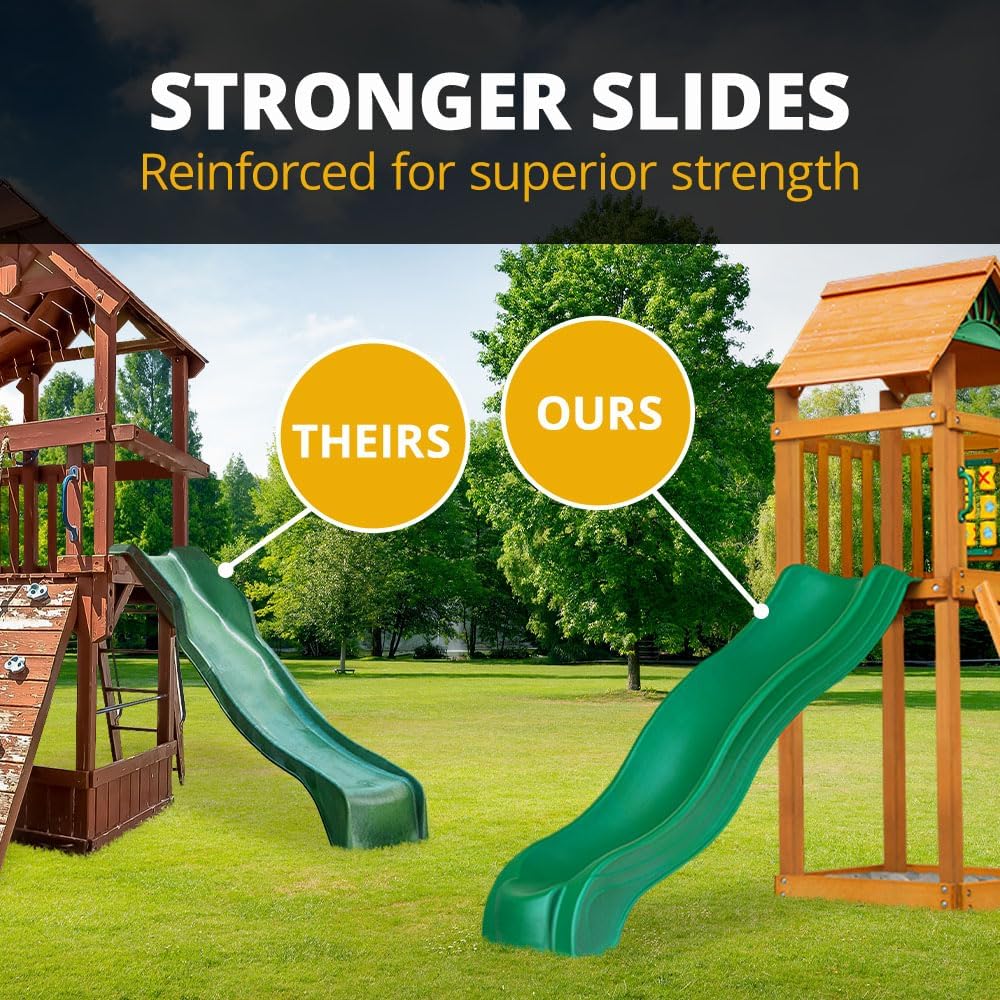 Gorilla Playsets 01-1080 Avalon Treehouse Wooden Swing Set with Oversized Green Vinyl Canopy Roof, Trapeze Arm, Climbing Wall, Ladder