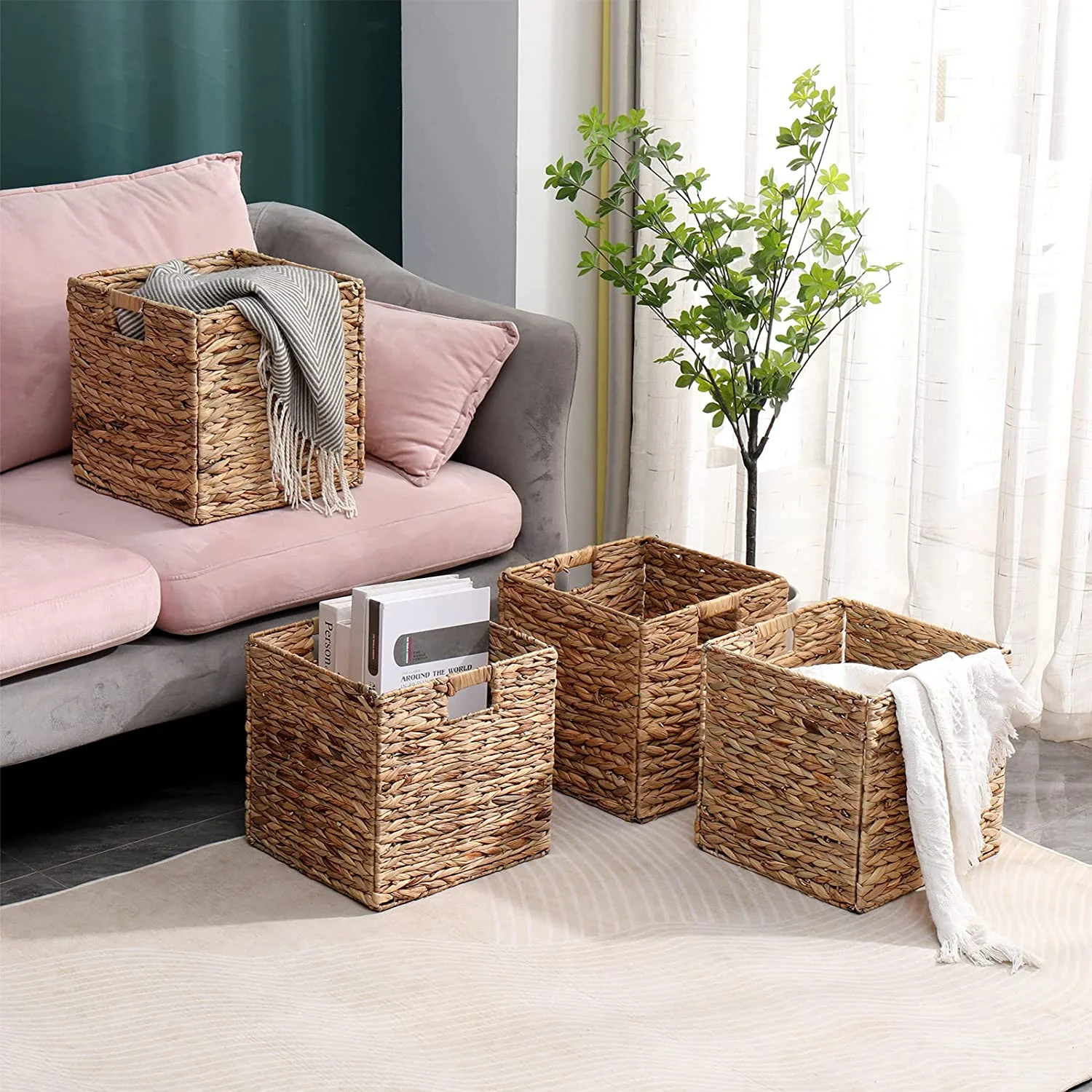 Foldable Handwoven Water Hyacinth Storage Baskets, Set of 4 Pcs, 12x12x12inch Rectangular Laundry Organizer